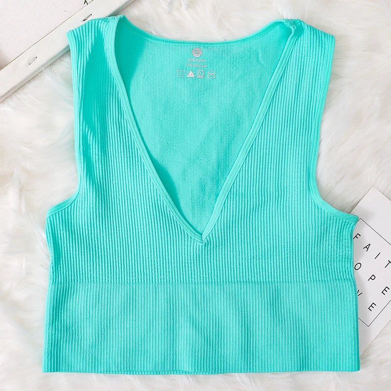 Summer V-Neck Ribbed Crop Top for Women