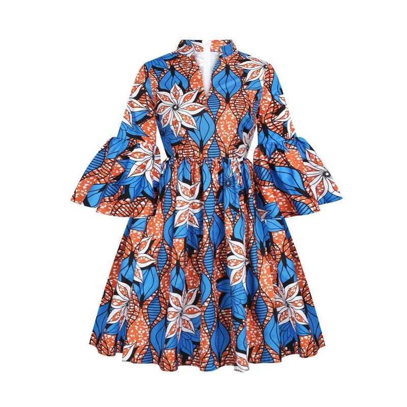 African Print V-Neck Mini Dress – Summer Dashiki Floral Party Dress for Women