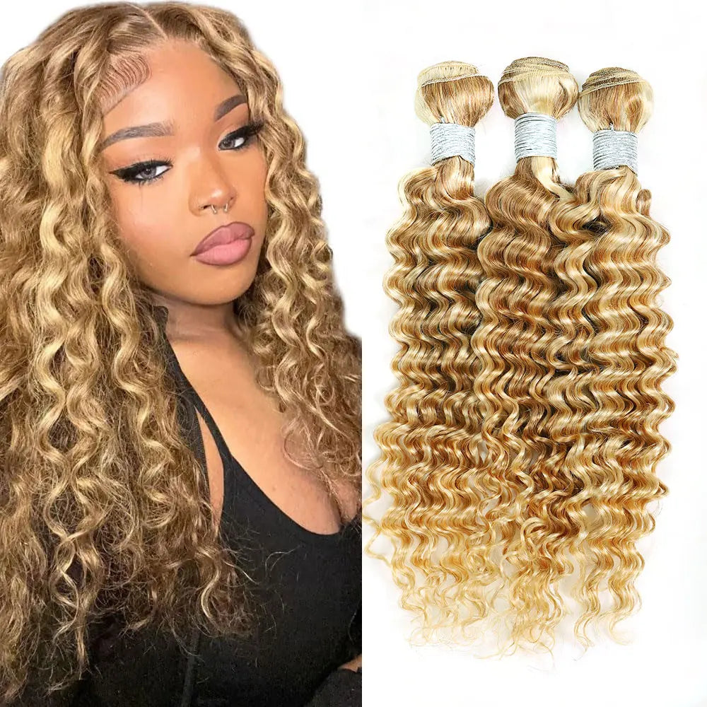 Highlight P27/613 Deep Wave Bundles Honey Blonde Human Hair Bundles 8 -30 Inch Deep Curly 1 3 4 Pcs Wet and Wavy Weave Weft