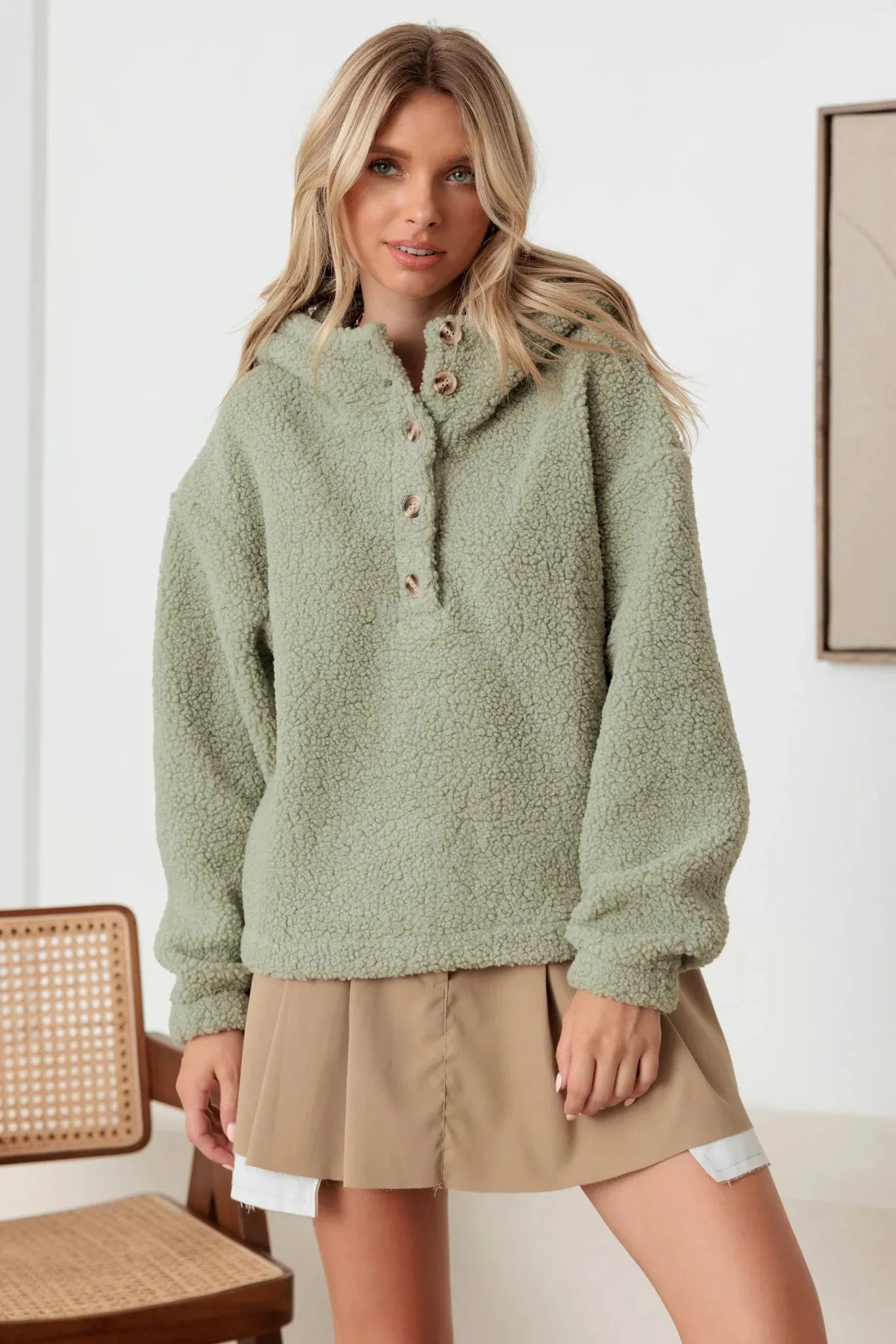 Sherpa Button-Up Hooded Pullover Jacket with Pockets