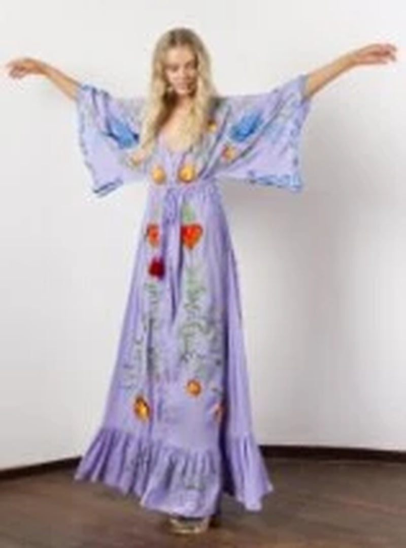 Women’s White Vintage Floral Embroidered Cotton Maxi Dress – Boho Summer Long Dress
