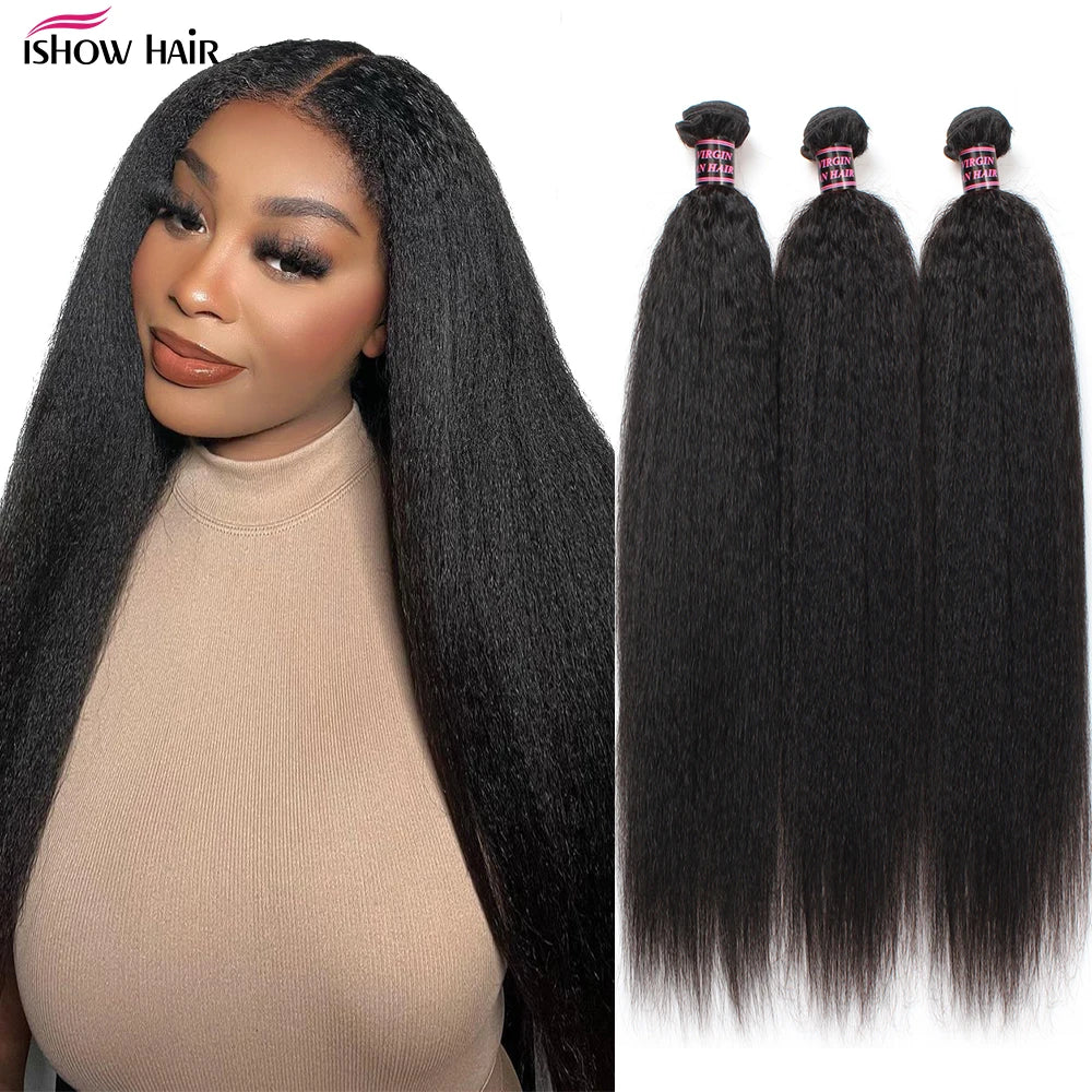 Ishow Kinky Straight Brazilian Yaki Human Hair Bundles