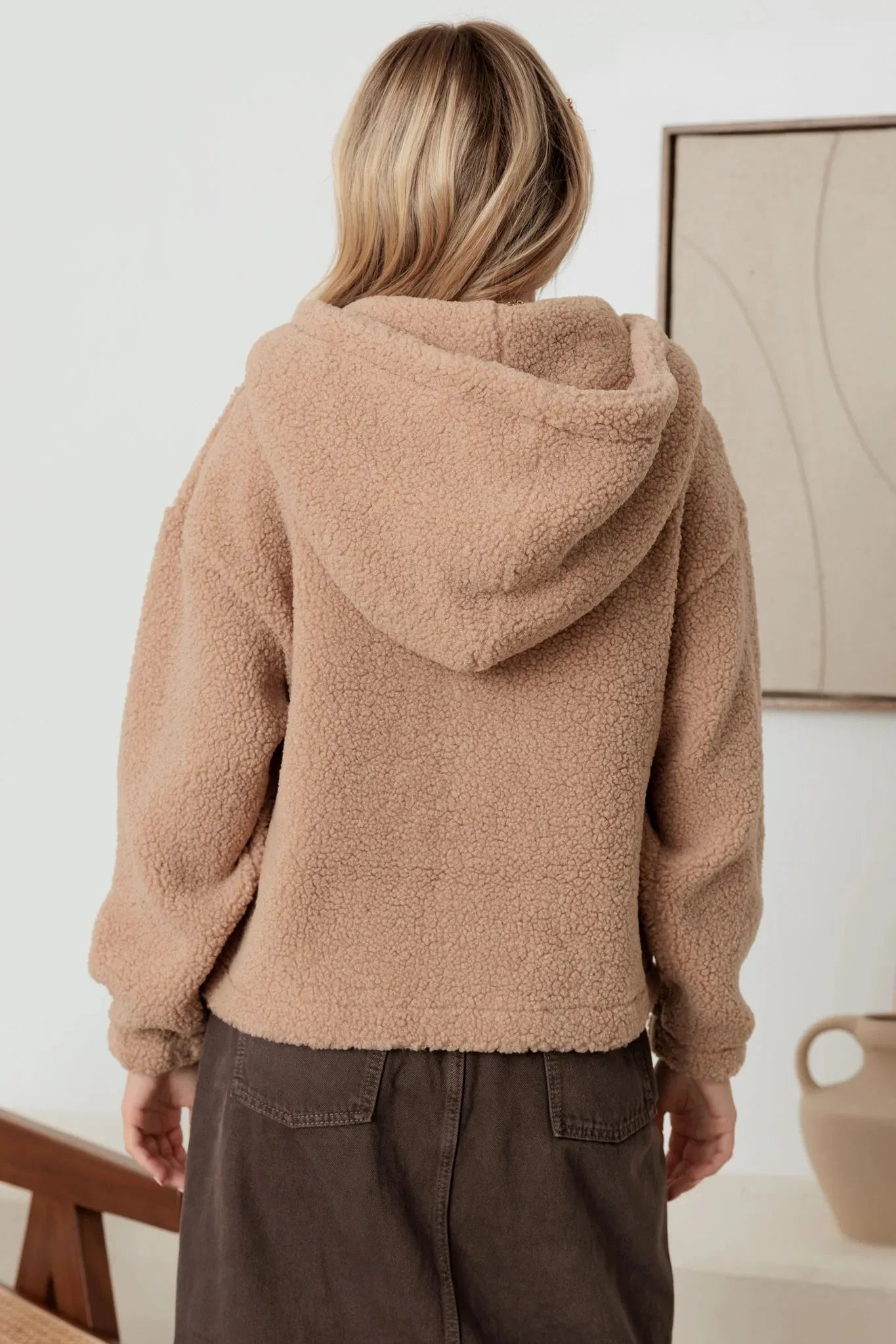 Sherpa Button-Up Hooded Pullover Jacket with Pockets