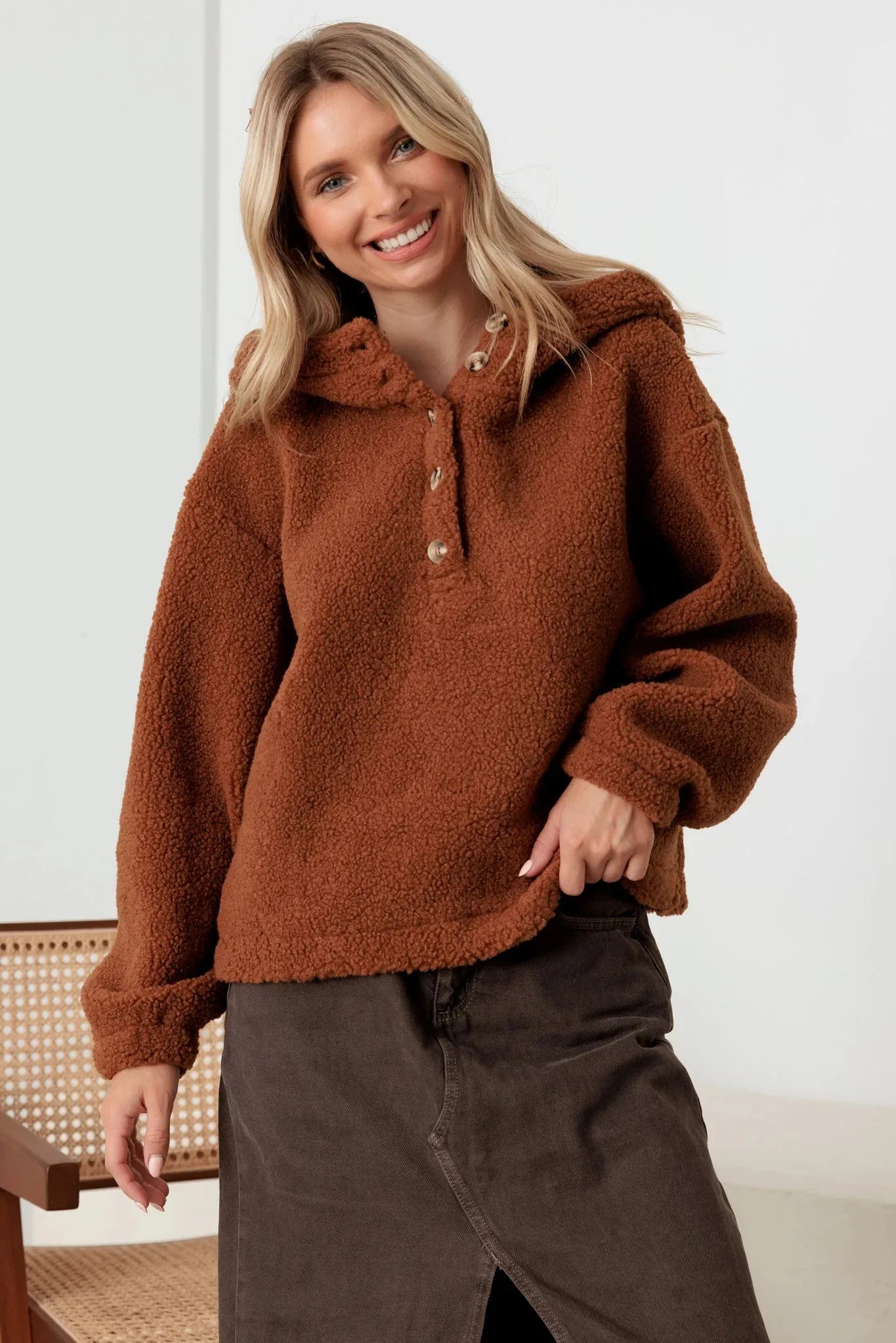 Sherpa Button-Up Hooded Pullover Jacket with Pockets