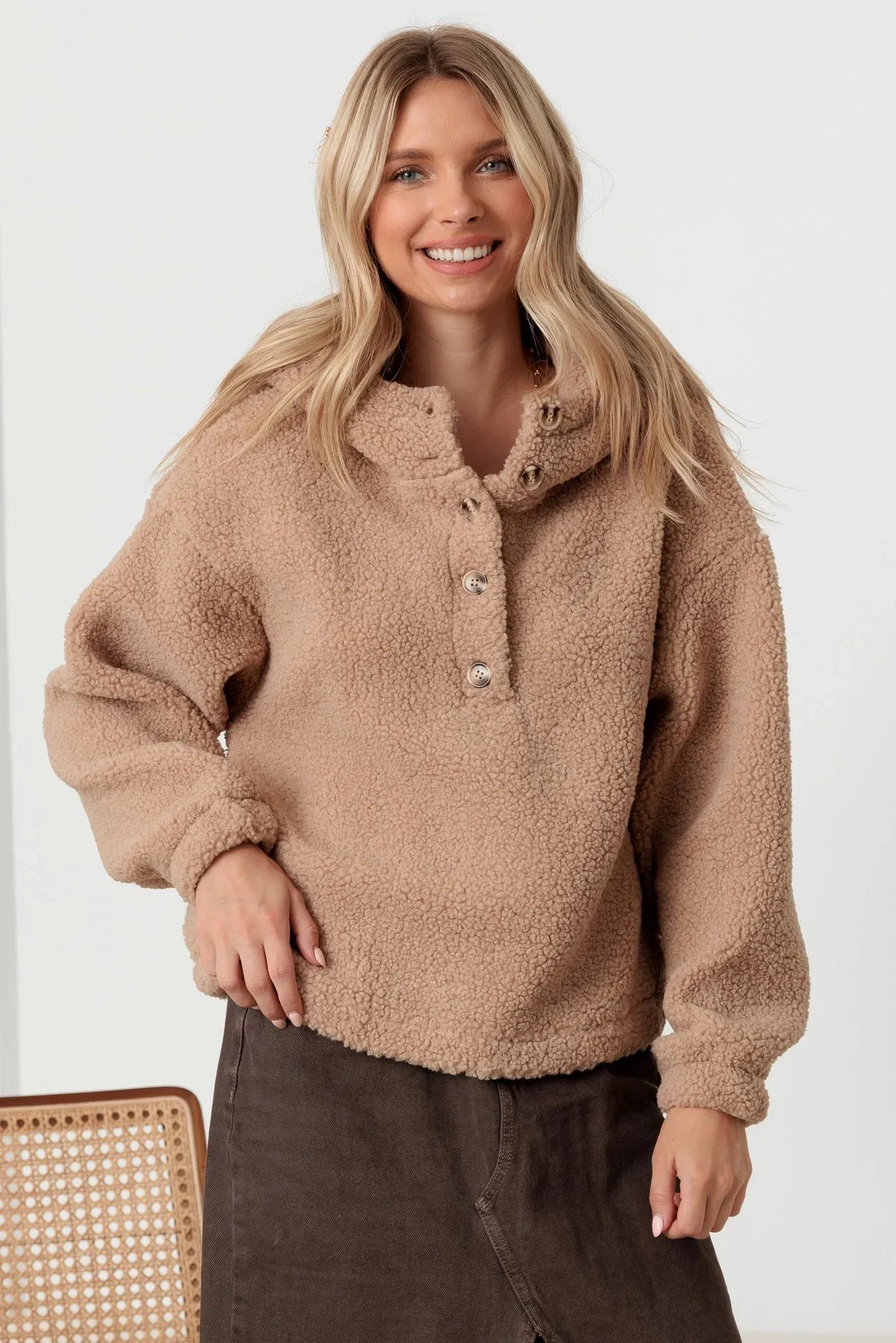 Sherpa Button-Up Hooded Pullover Jacket with Pockets