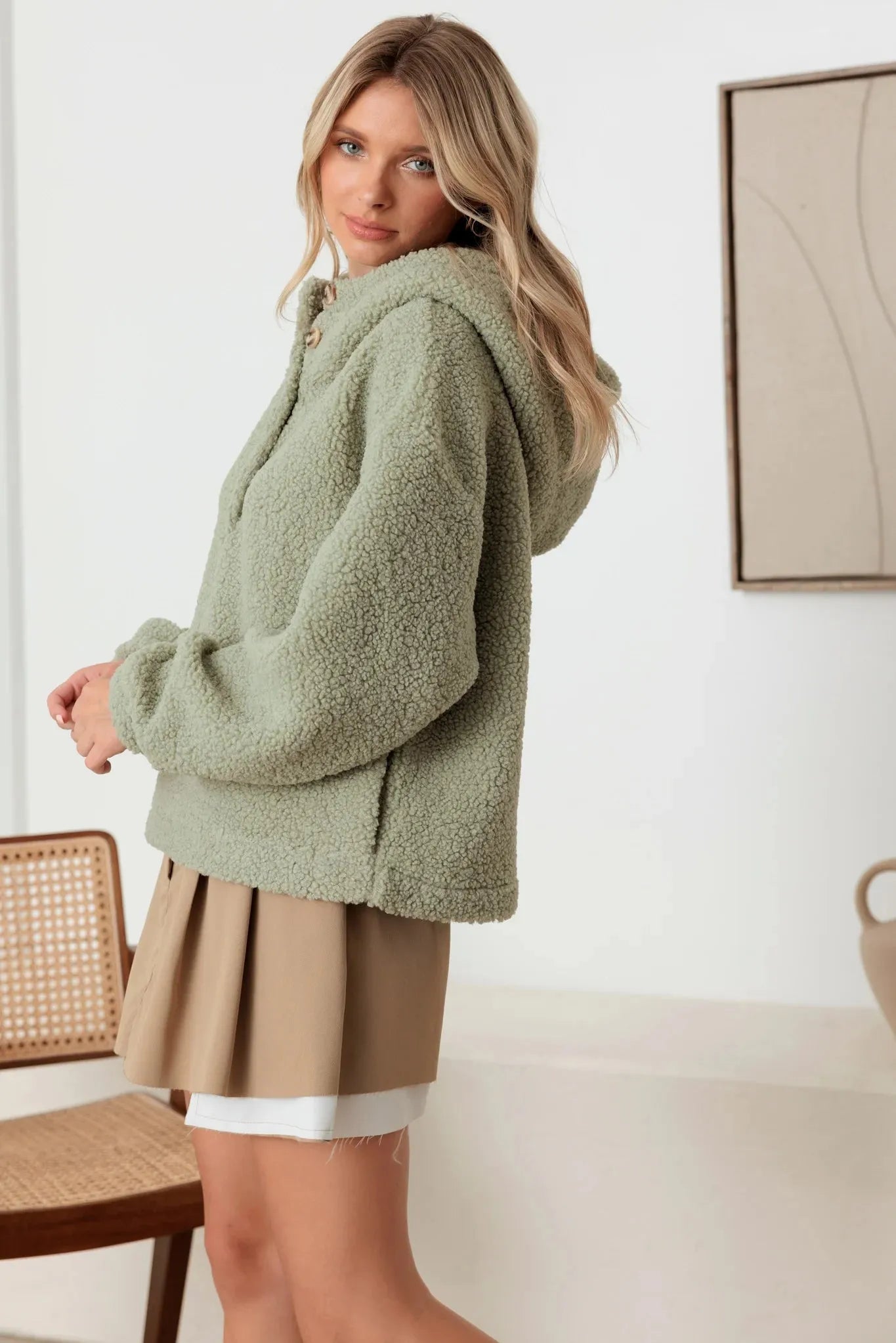 Sherpa Button-Up Hooded Pullover Jacket with Pockets
