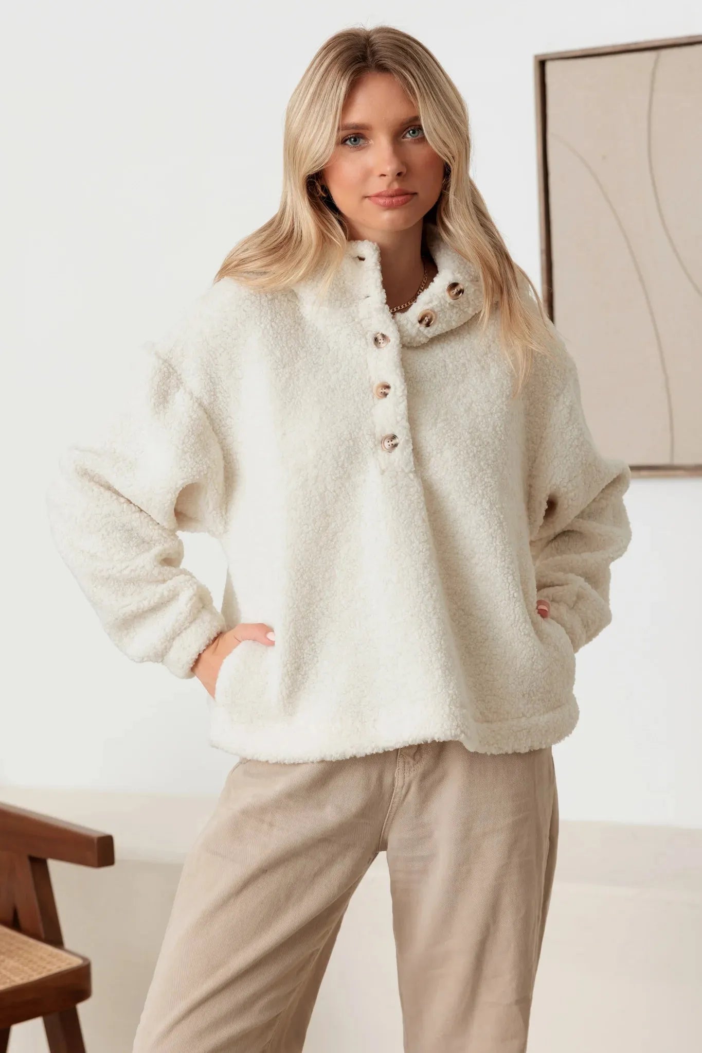 Sherpa Button-Up Hooded Pullover Jacket with Pockets