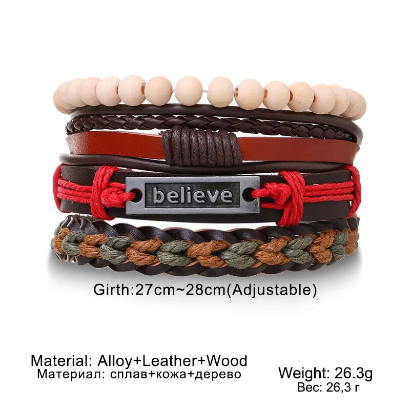 4-Piece Braided Leather Wrap Bracelet Set for Men, Vintage Charm, Adjustable Tribal Rope Bracelets