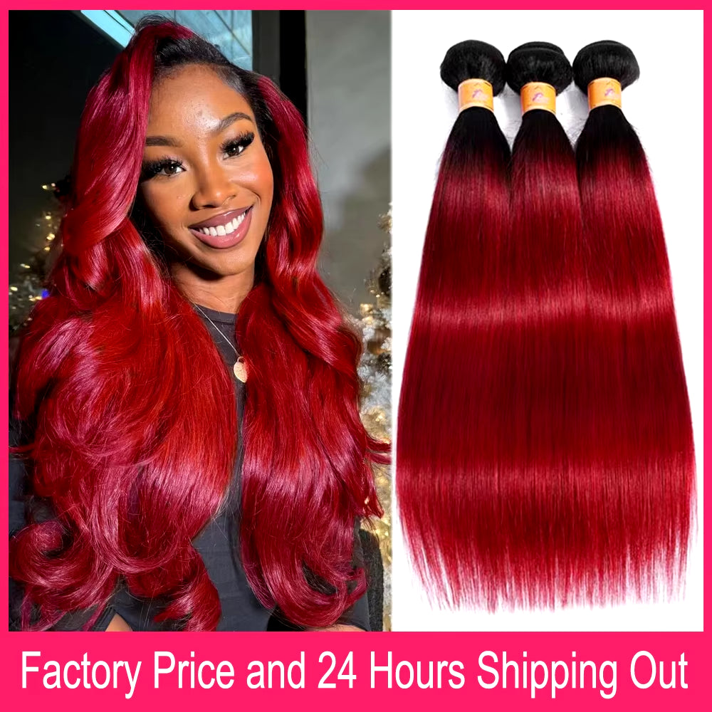 28" Ombre Burgundy Straight Human Hair Bundles - 1/3 PCS, Soft & Silky, Factory Price