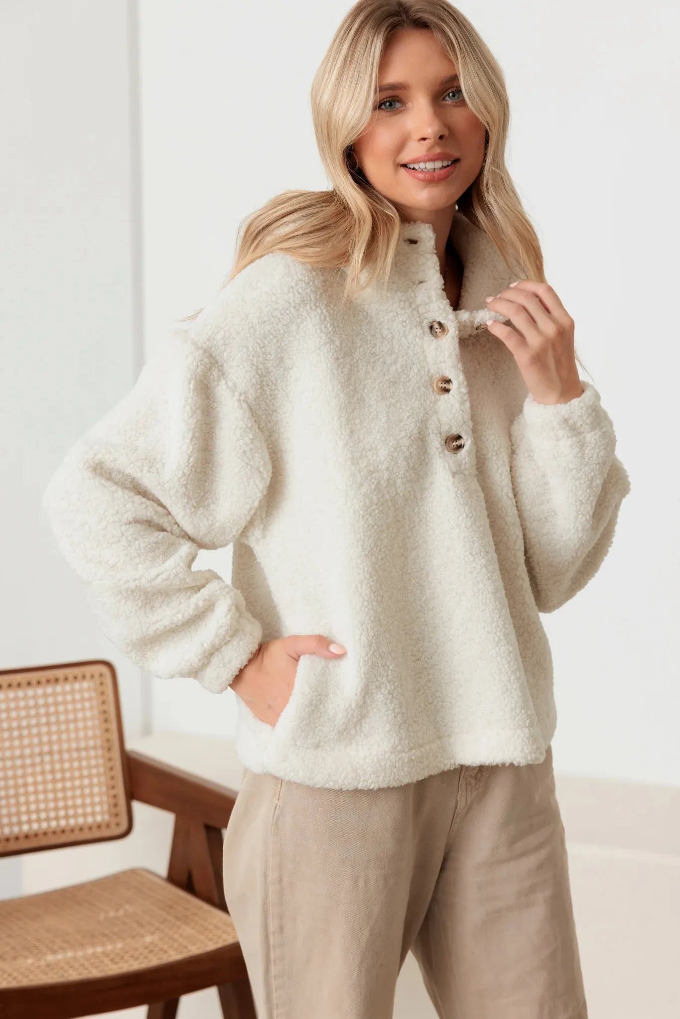 Sherpa Button-Up Hooded Pullover Jacket with Pockets