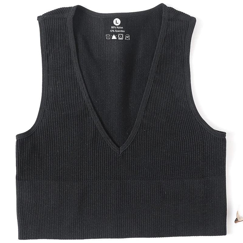 Summer V-Neck Ribbed Crop Top for Women