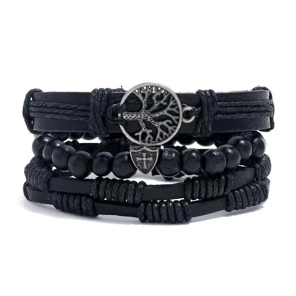 4-Piece Braided Leather Wrap Bracelet Set for Men, Vintage Charm, Adjustable Tribal Rope Bracelets