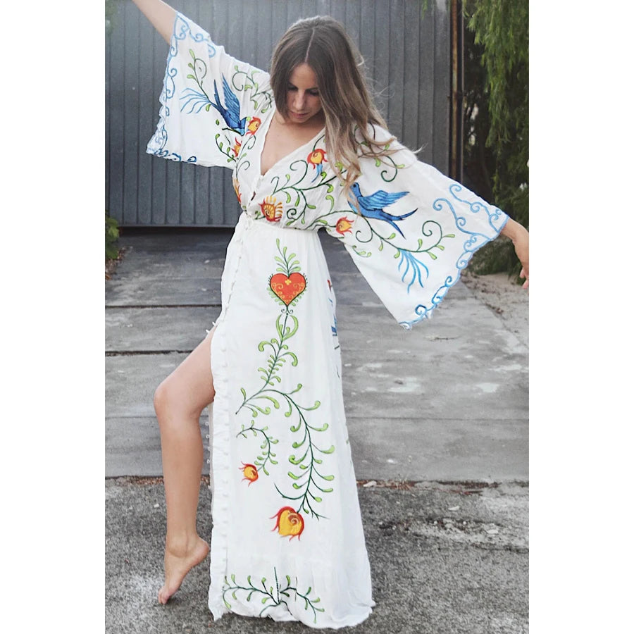 Women’s White Vintage Floral Embroidered Cotton Maxi Dress – Boho Summer Long Dress