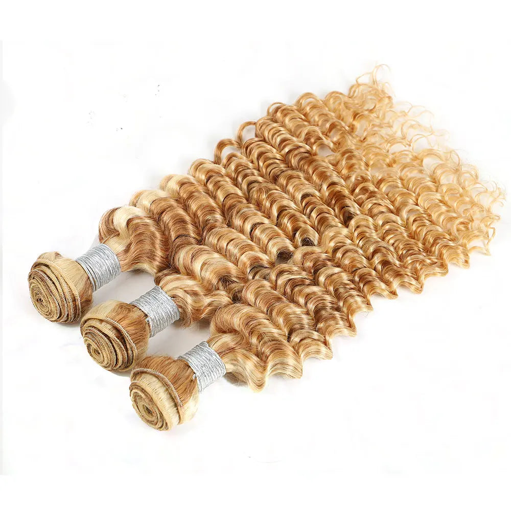Highlight P27/613 Deep Wave Bundles Honey Blonde Human Hair Bundles 8 -30 Inch Deep Curly 1 3 4 Pcs Wet and Wavy Weave Weft