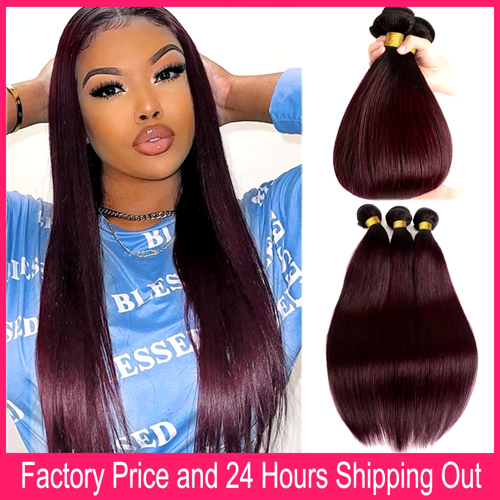 28" Ombre Burgundy Straight Human Hair Bundles - 1/3 PCS, Soft & Silky, Factory Price
