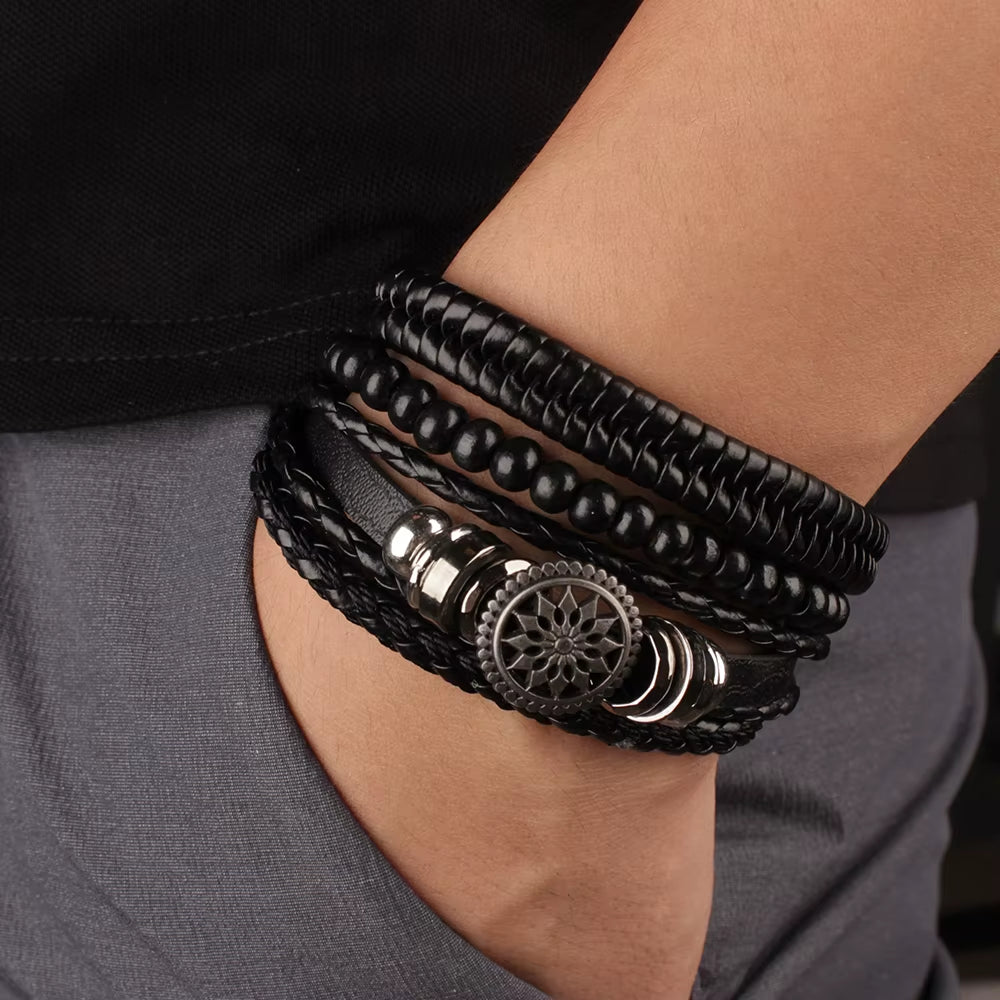 4-Piece Braided Leather Wrap Bracelet Set for Men, Vintage Charm, Adjustable Tribal Rope Bracelets