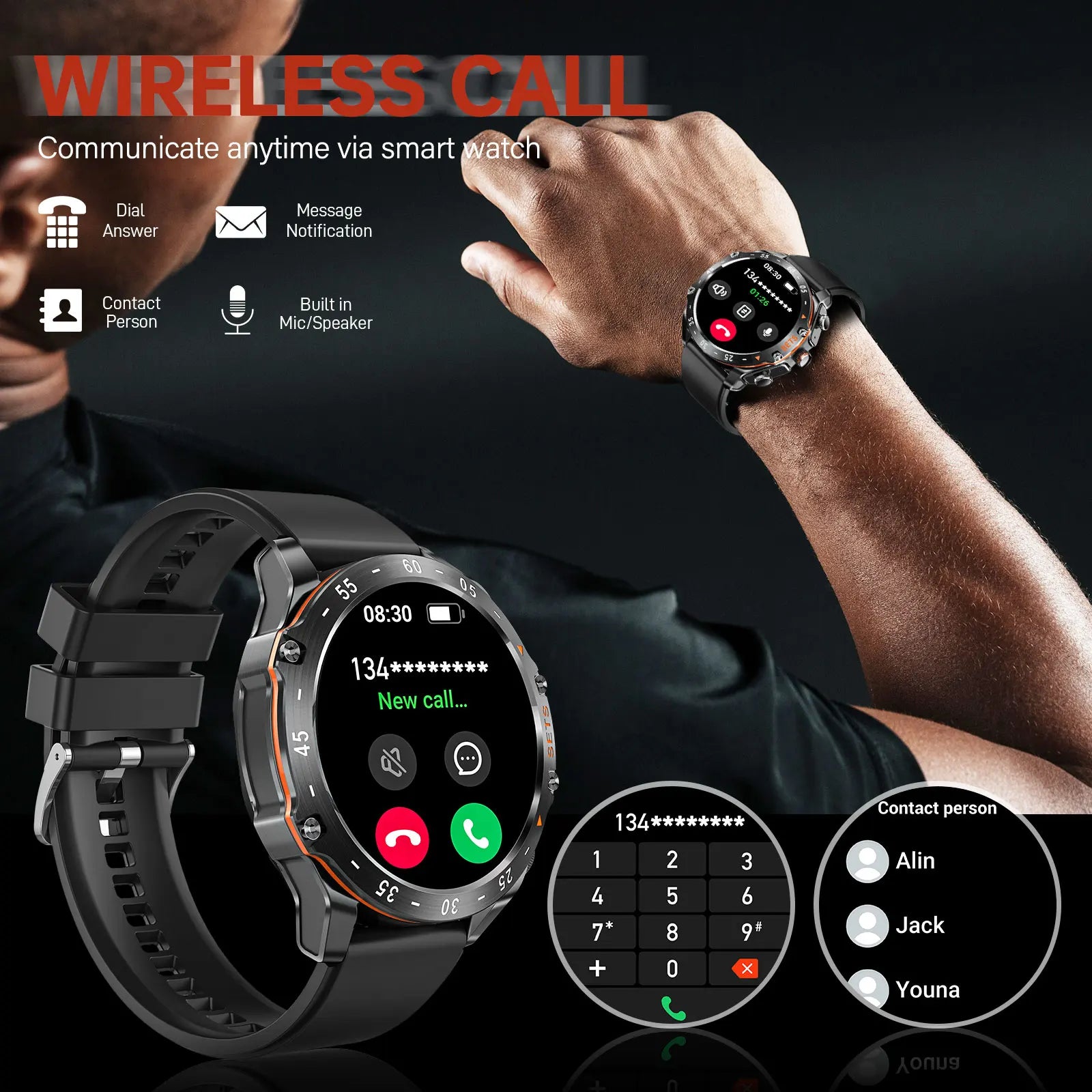 Smart Watch for Men with Earbuds, Fitness Tracker, Heart Rate Monitor, Waterproof, Sports Modes