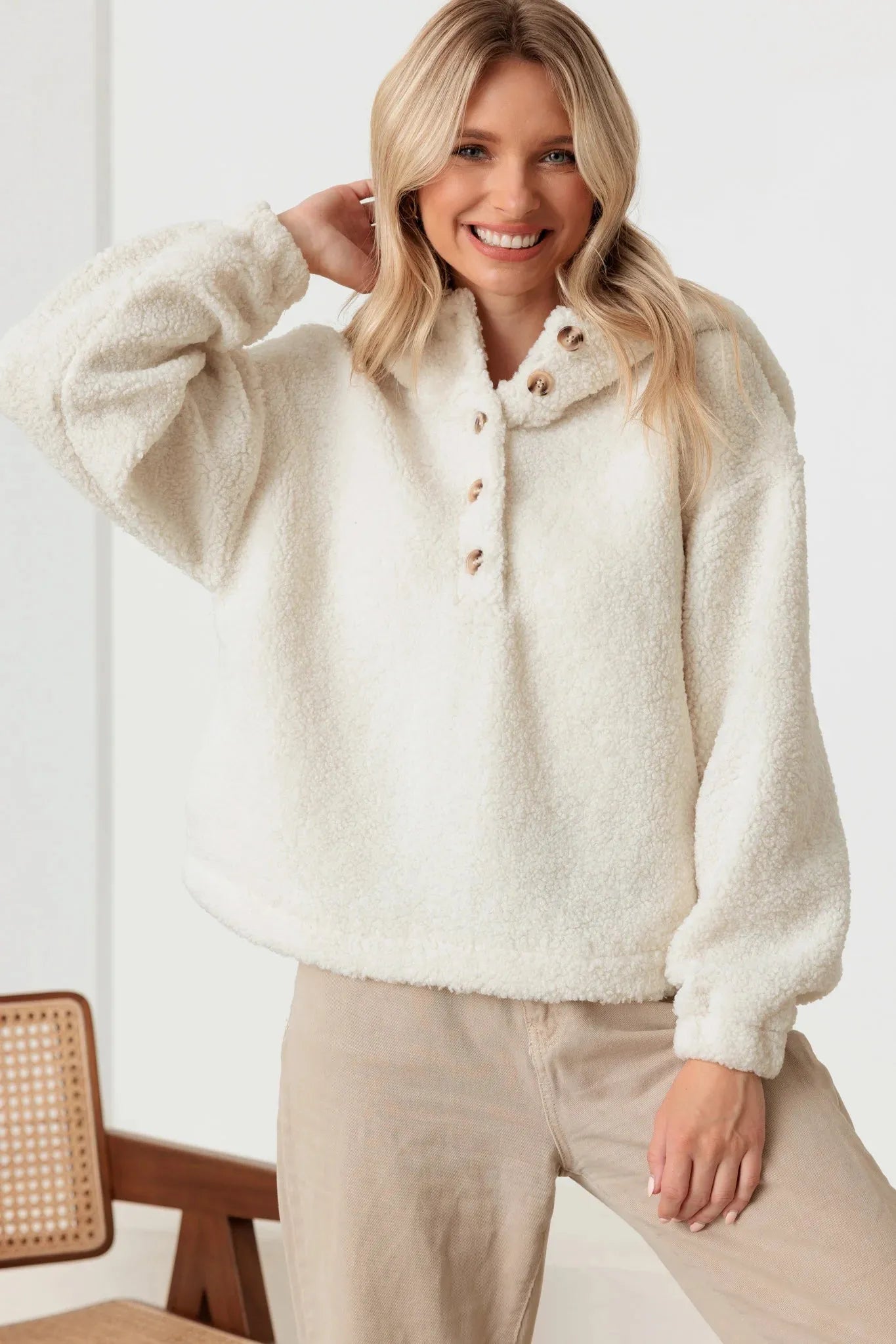 Sherpa Button-Up Hooded Pullover Jacket with Pockets
