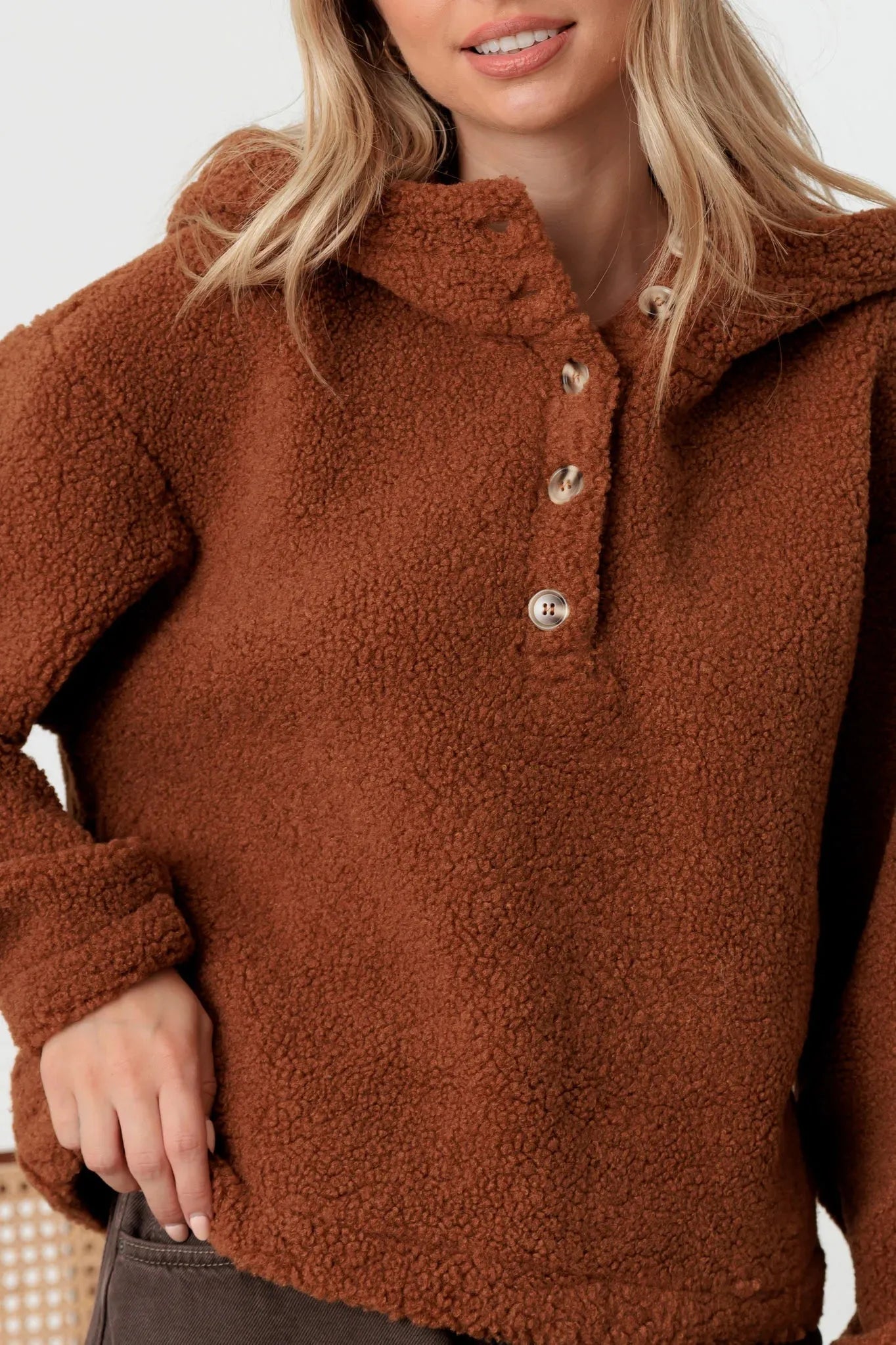Sherpa Button-Up Hooded Pullover Jacket with Pockets