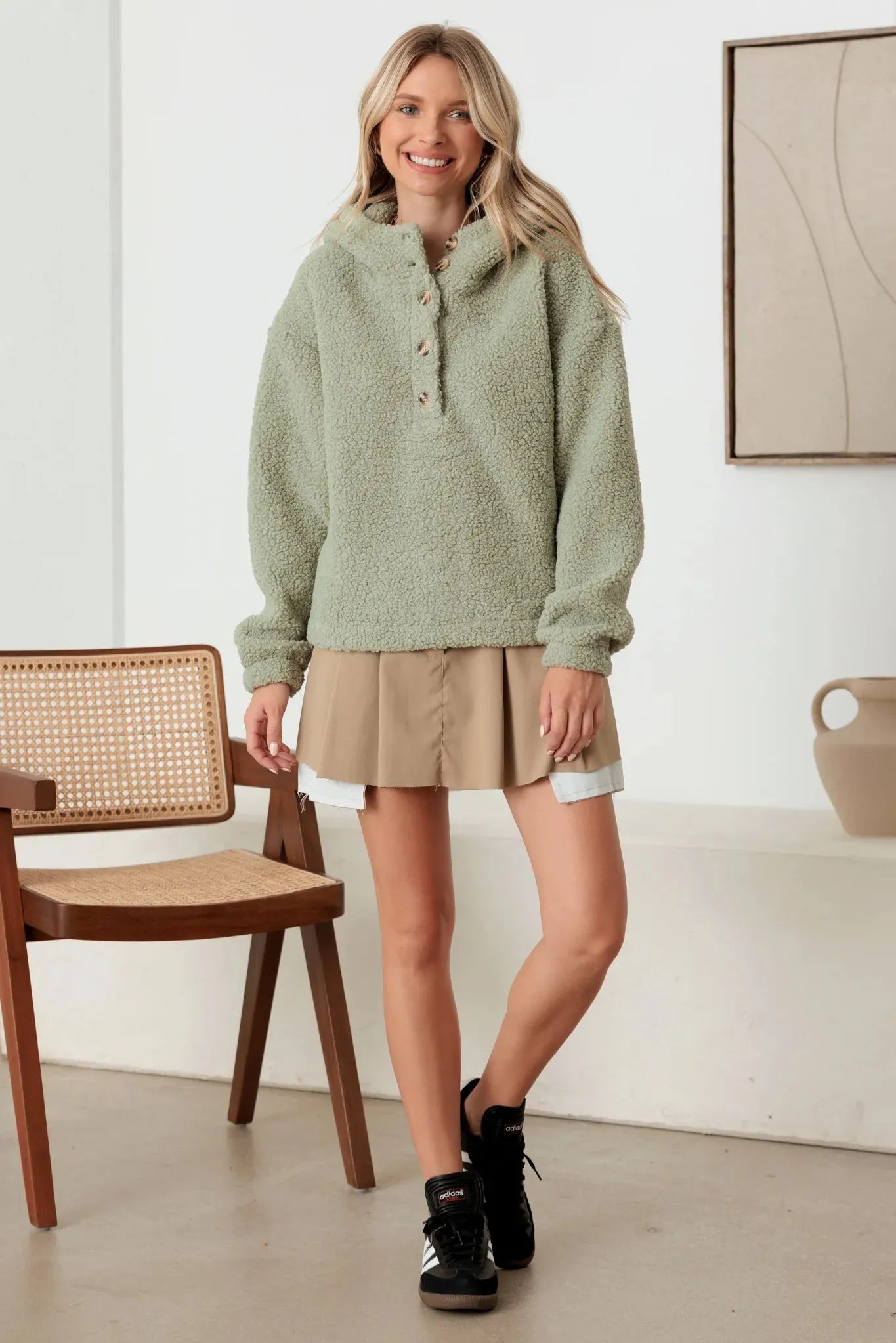 Sherpa Button-Up Hooded Pullover Jacket with Pockets
