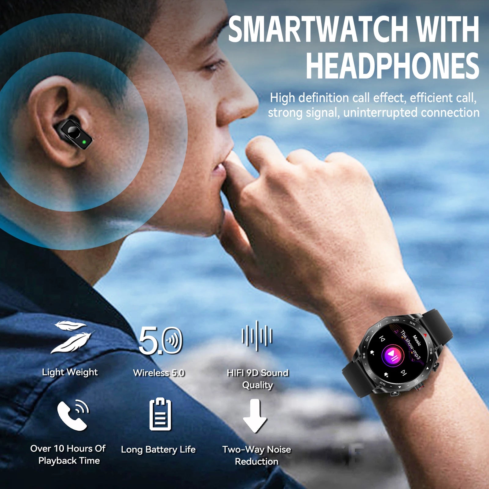 Smart Watch for Men with Earbuds, Fitness Tracker, Heart Rate Monitor, Waterproof, Sports Modes