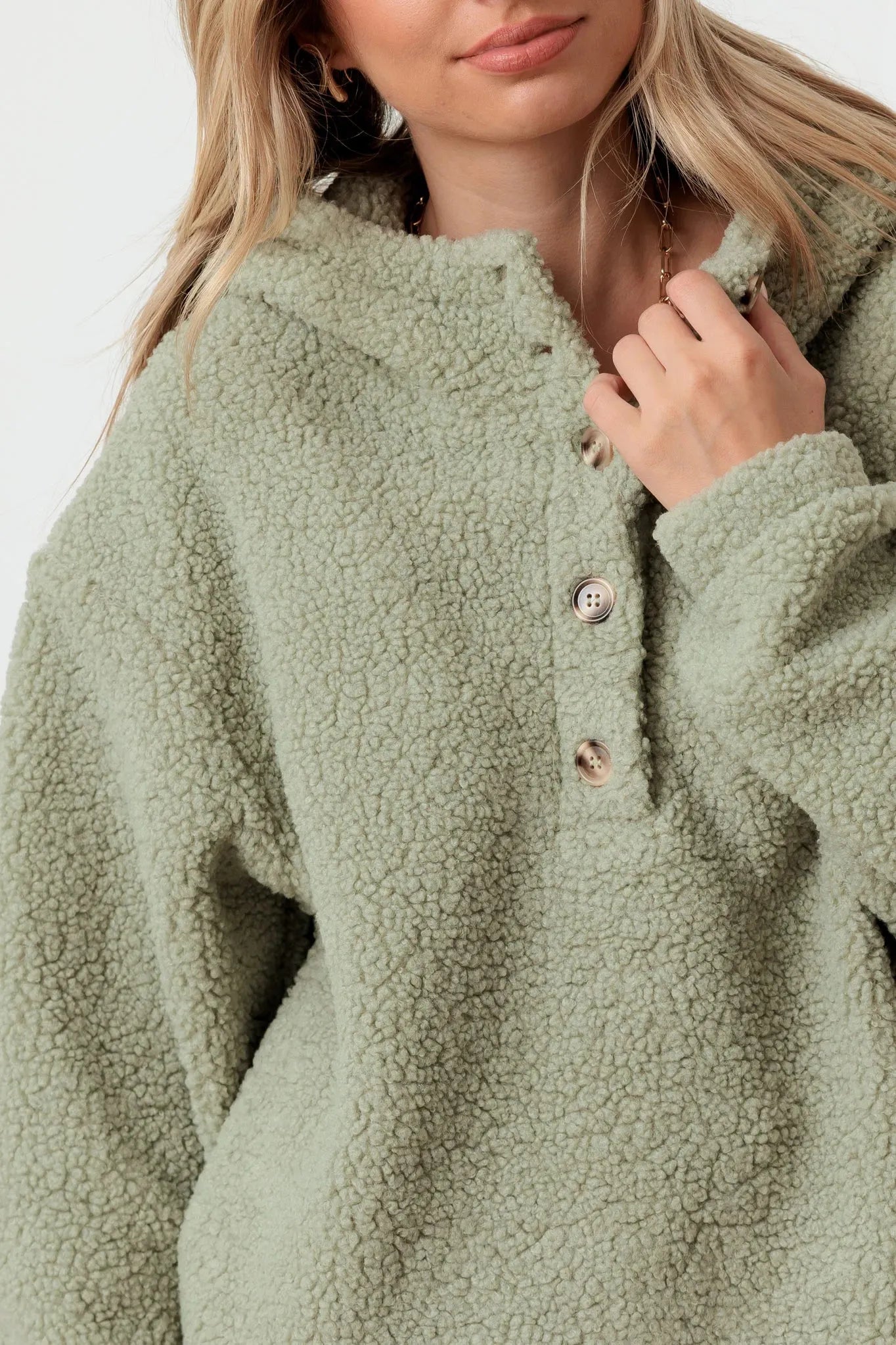 Sherpa Button-Up Hooded Pullover Jacket with Pockets
