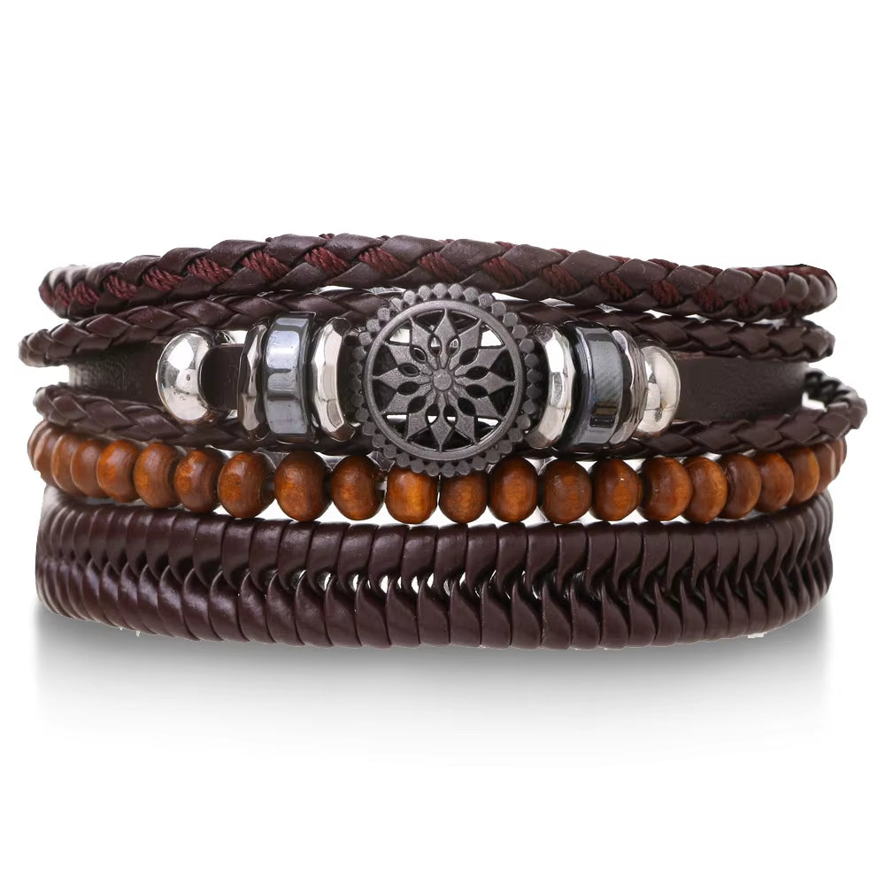 4-Piece Braided Leather Wrap Bracelet Set for Men, Vintage Charm, Adjustable Tribal Rope Bracelets