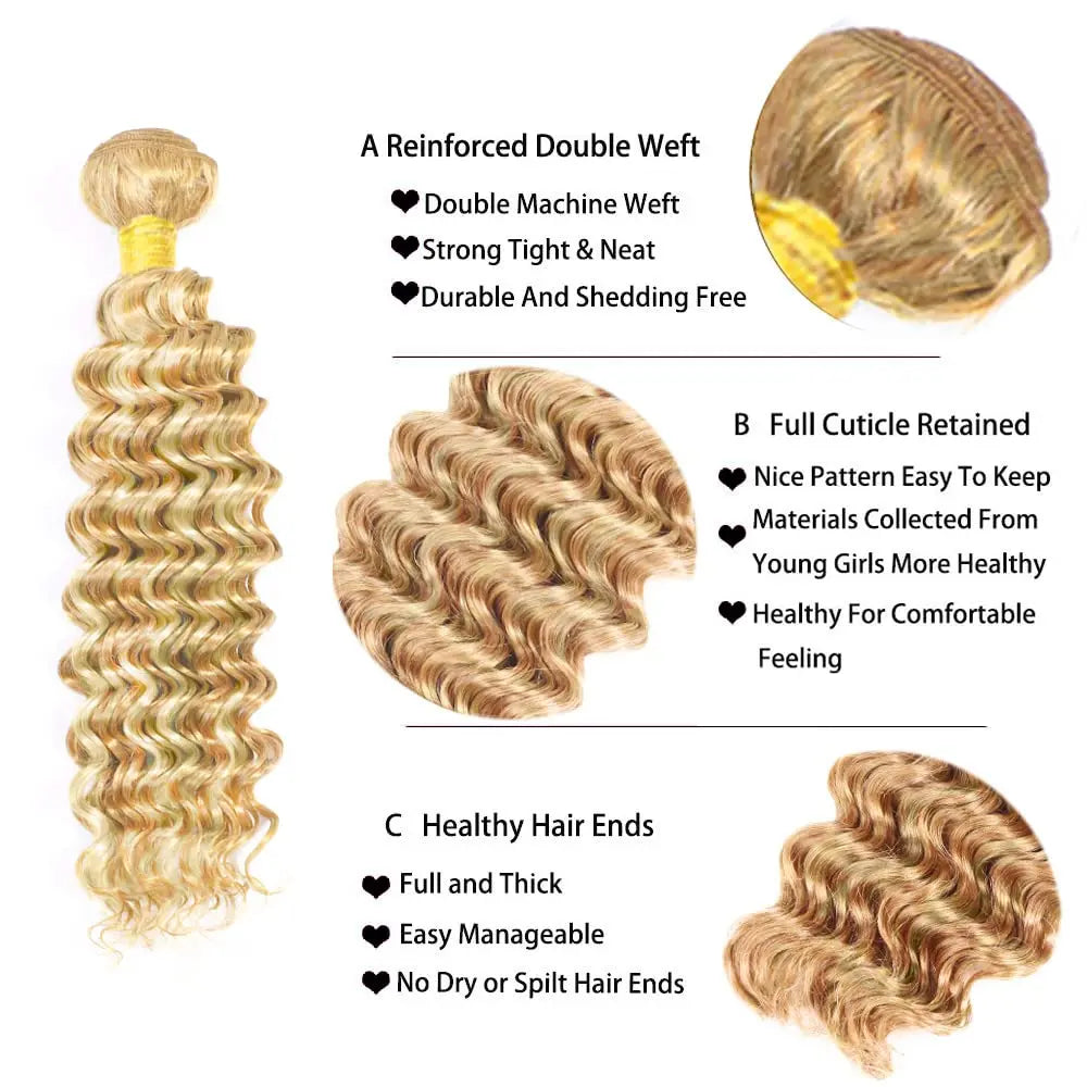 Highlight P27/613 Deep Wave Bundles Honey Blonde Human Hair Bundles 8 -30 Inch Deep Curly 1 3 4 Pcs Wet and Wavy Weave Weft