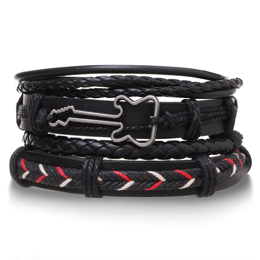 4-Piece Braided Leather Wrap Bracelet Set for Men, Vintage Charm, Adjustable Tribal Rope Bracelets