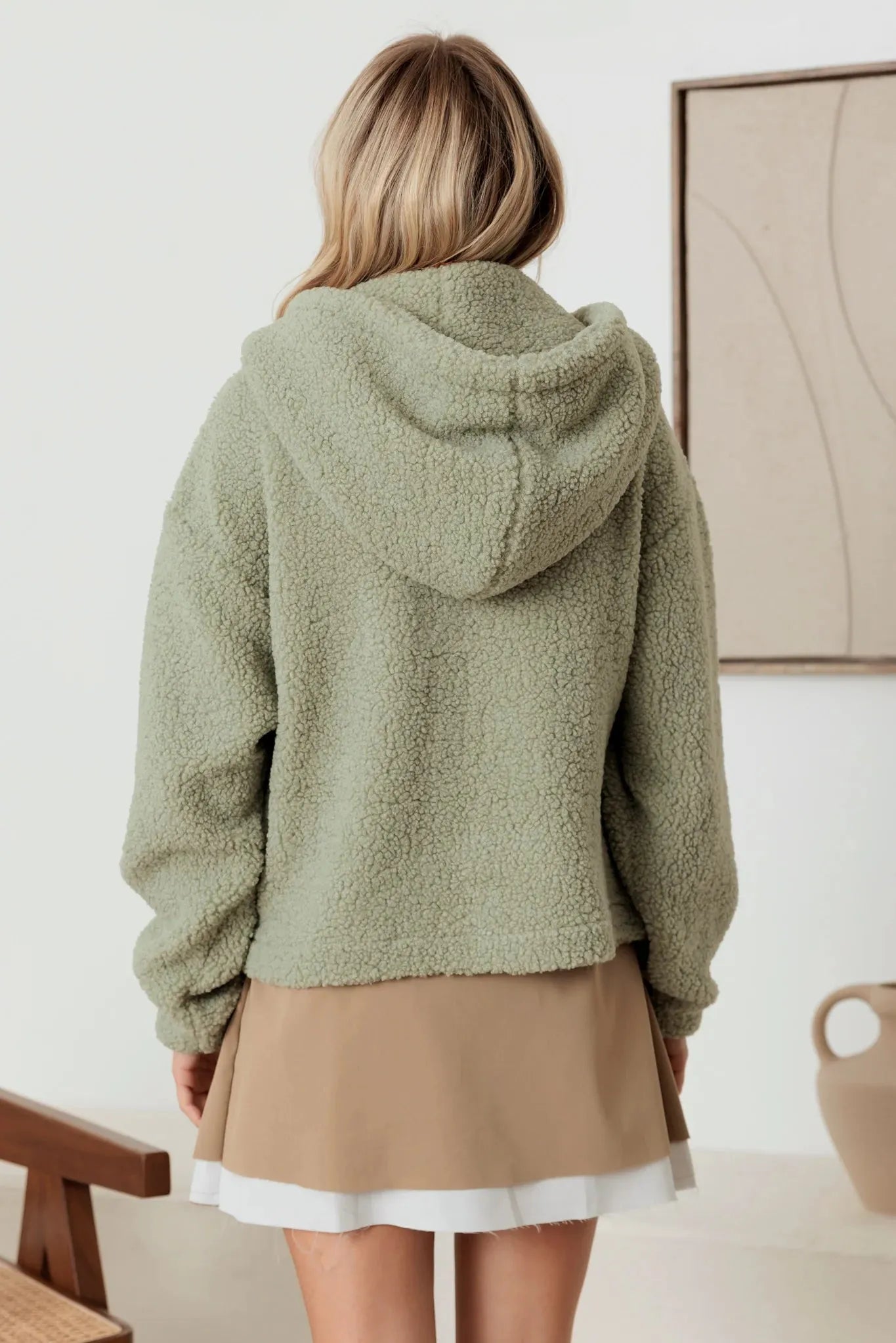 Sherpa Button-Up Hooded Pullover Jacket with Pockets