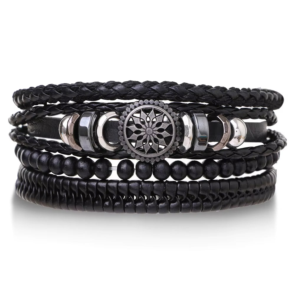 4-Piece Braided Leather Wrap Bracelet Set for Men, Vintage Charm, Adjustable Tribal Rope Bracelets