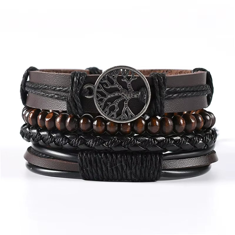 4-Piece Braided Leather Wrap Bracelet Set for Men, Vintage Charm, Adjustable Tribal Rope Bracelets