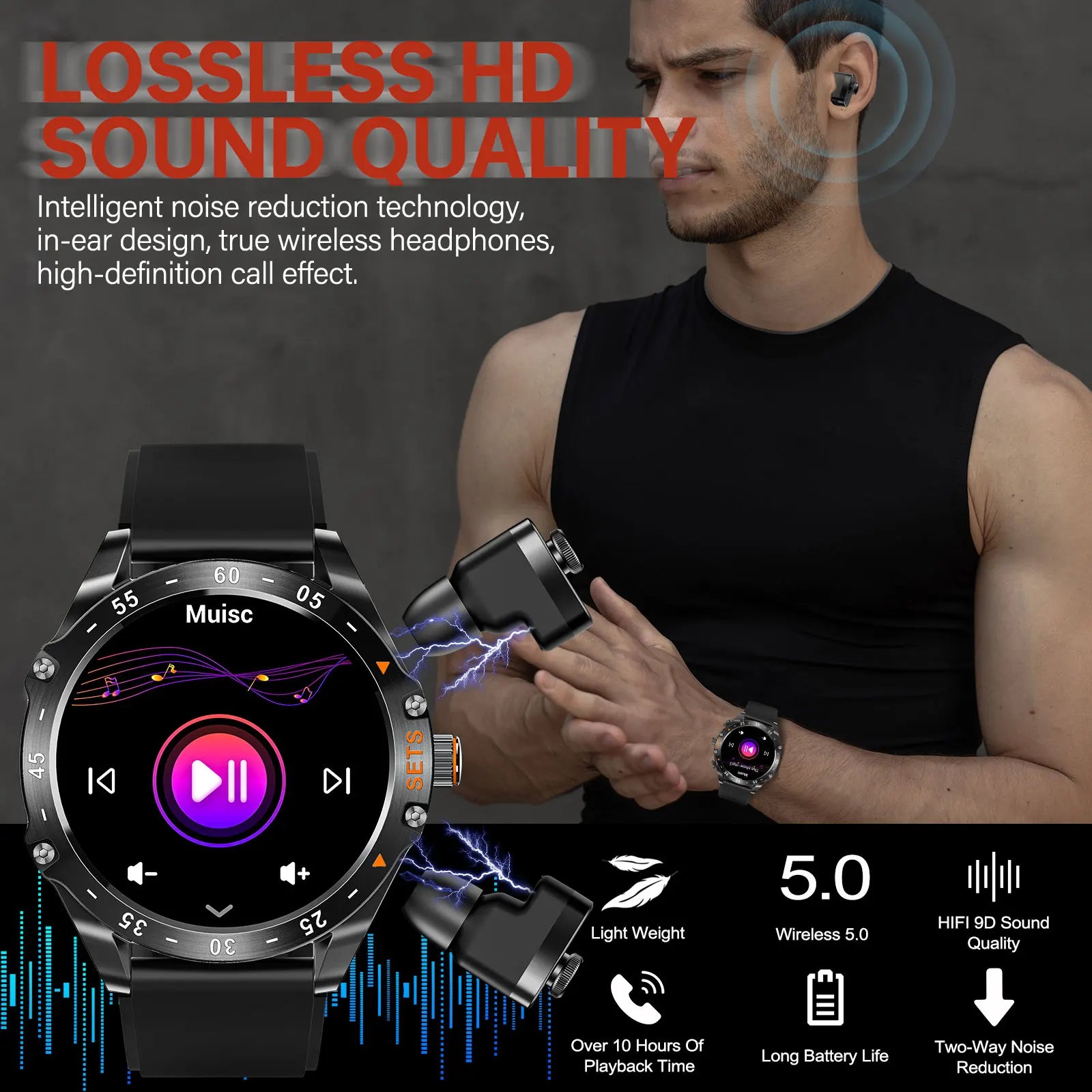 Smart Watch for Men with Earbuds, Fitness Tracker, Heart Rate Monitor, Waterproof, Sports Modes