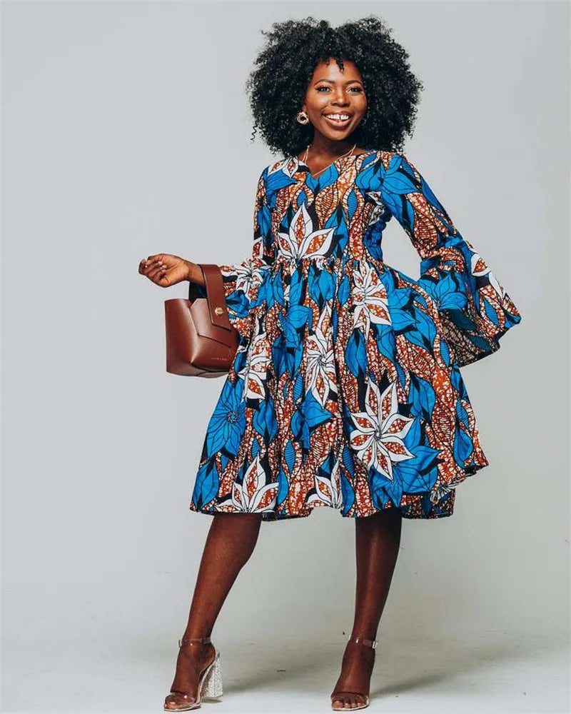 African Print V-Neck Mini Dress – Summer Dashiki Floral Party Dress for Women