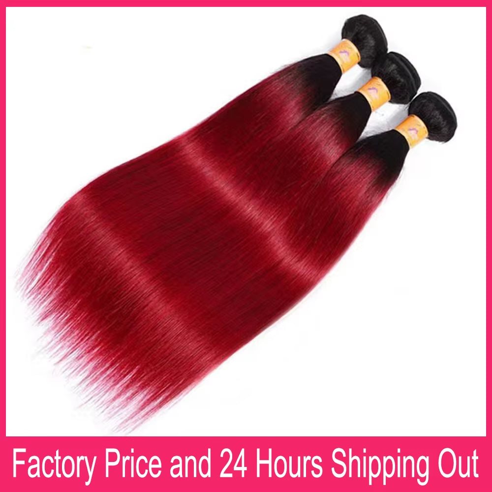 28" Ombre Burgundy Straight Human Hair Bundles - 1/3 PCS, Soft & Silky, Factory Price