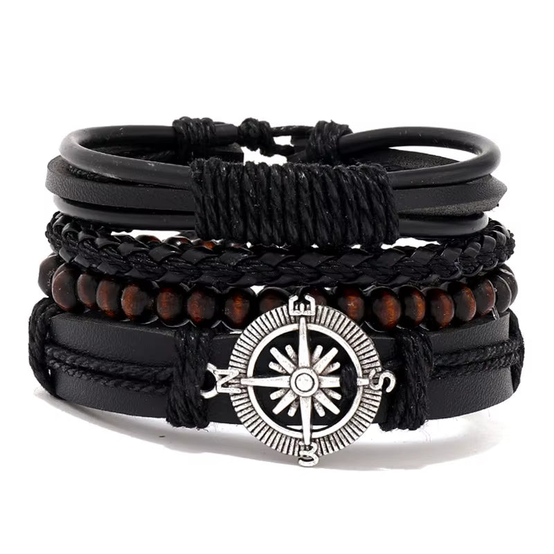 4-Piece Braided Leather Wrap Bracelet Set for Men, Vintage Charm, Adjustable Tribal Rope Bracelets