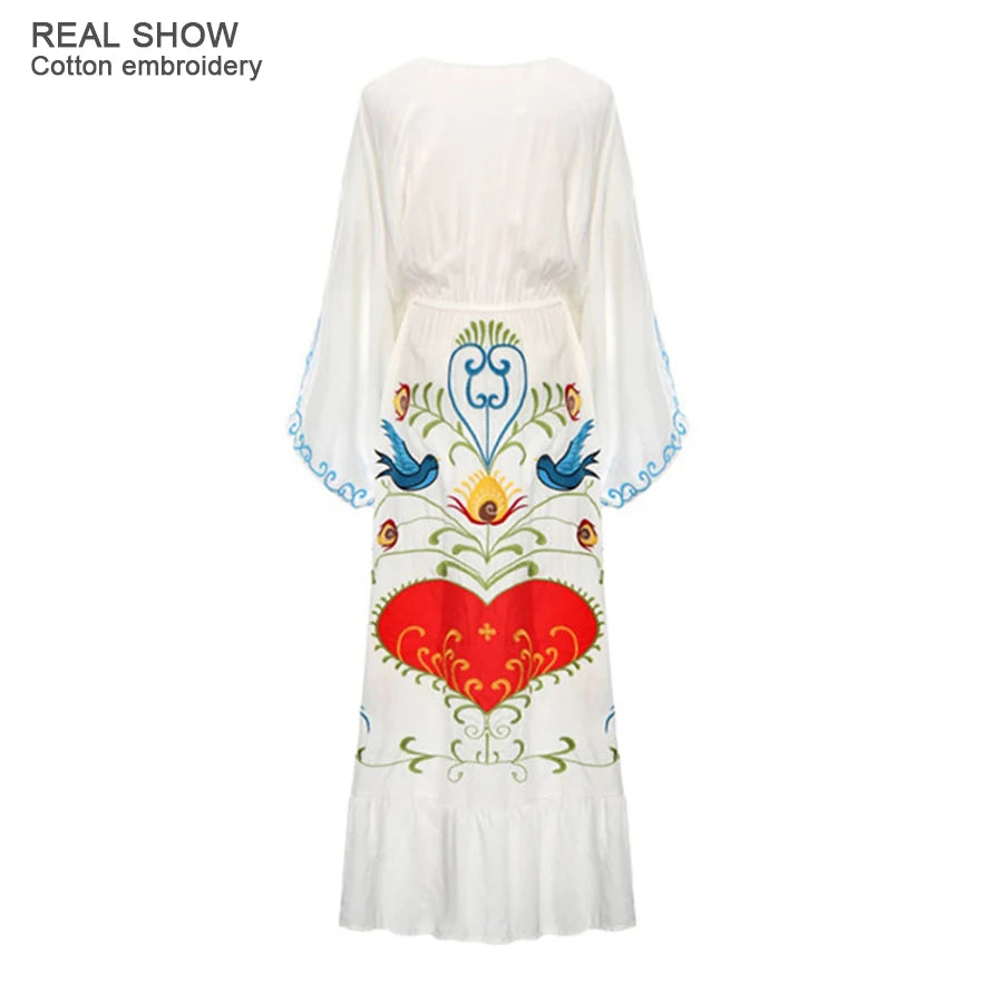 Women’s White Vintage Floral Embroidered Cotton Maxi Dress – Boho Summer Long Dress